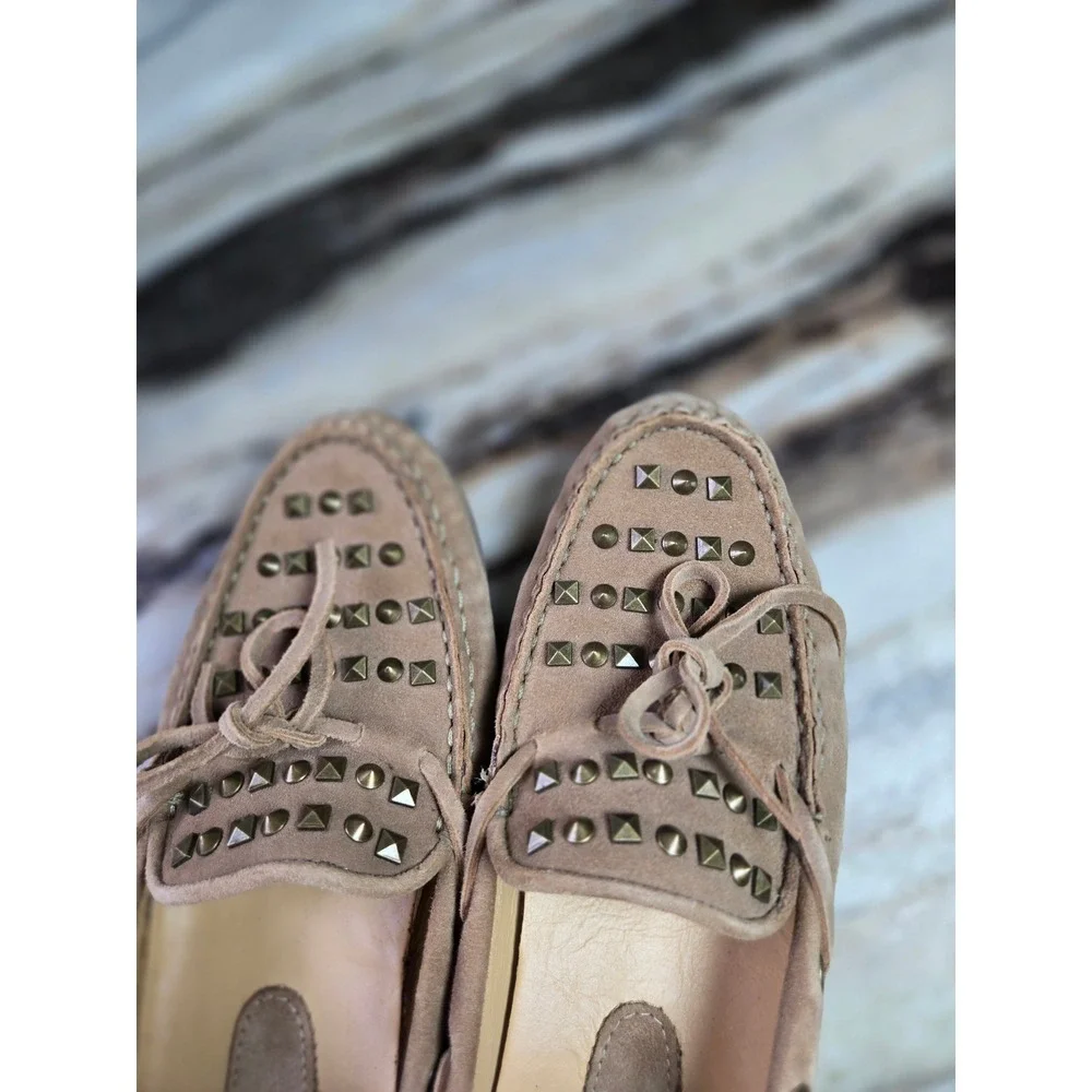Vaneli Womens 7.5 A‎ Tan Suede Studded Driving Moccasins Loafers Beige Bow Shoes